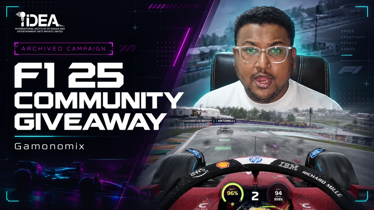 Gamonomix and racing gameplay beside F1 25 Community Giveaway and Archived Campaign