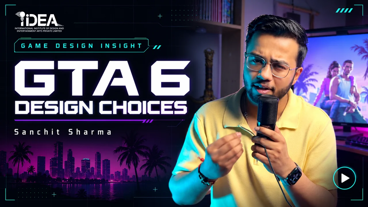 Sanchit Sharma with a microphone beside the headline GTA 6 Design Choices